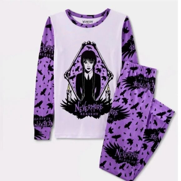 Girls WEDNESDAY Addams Nevermore Academy Hacci Knit Pajamas Size 4 6 10 NWT - Picture 1 of 3